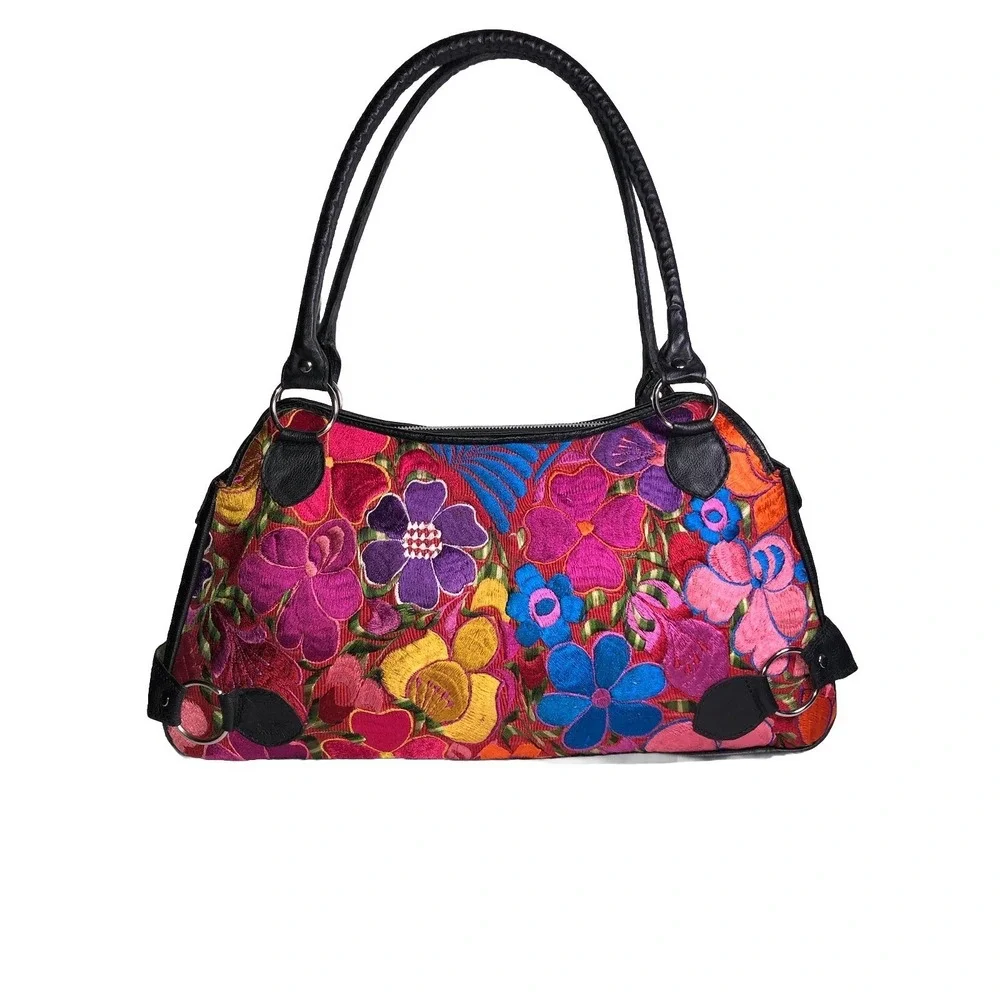 Vintage Y2K Floral Embroidered Leather Shoulder Bag & Wallet Boho Purse Set - Picture 2 of 16